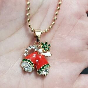 Jingle All The Way Gold Tone Red Enamel Bell Pendant Necklace 18-20"